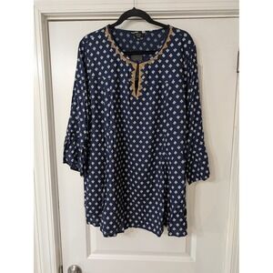 Joanna Hope Navy Blue Geometric‎ Print Tunic Top Gold Crochet Trim US 18 NWT